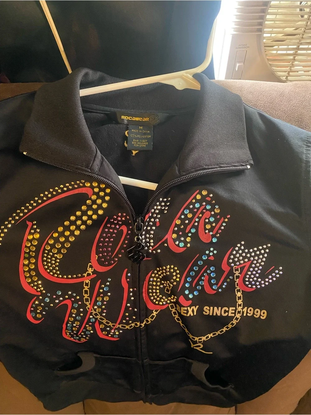 Rocawear Black Bomber Jacket with Multicolor Rhinestone Logo